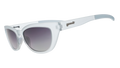 Three-quarter angle view of light blue cat-eye sunglasses with gradient violet lenses against a white background.