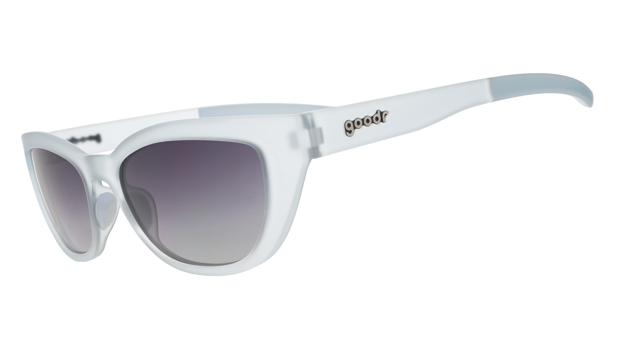 Three-quarter angle view of light blue cat-eye sunglasses with gradient violet lenses against a white background.