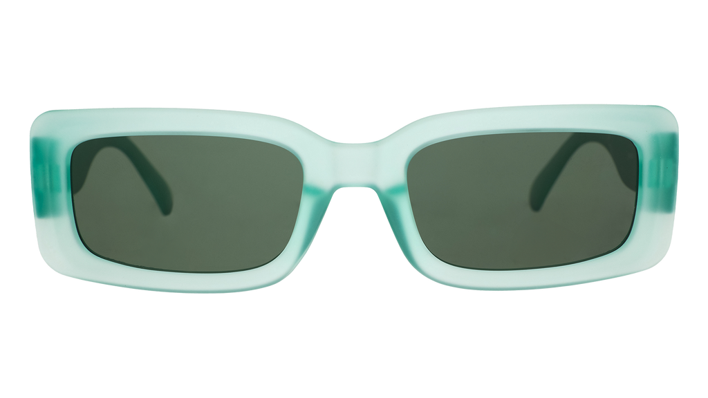 Front view of translucent light green rectangular sunglasses with green lenses.
