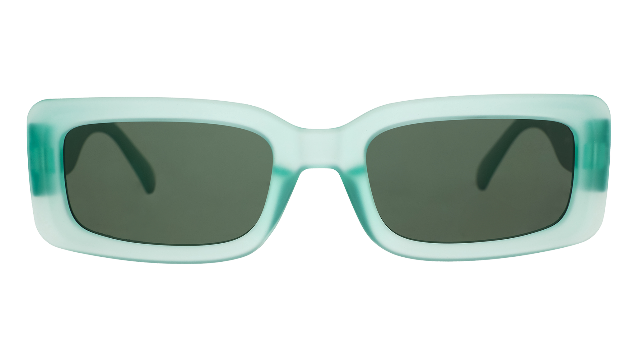 Front view of translucent light green rectangular sunglasses with green lenses.