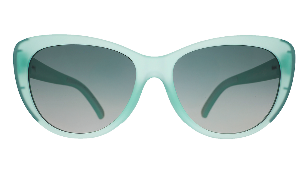 Front view of translucent pale green Glam G cat-eye sunglasses with  green gradient lenses.