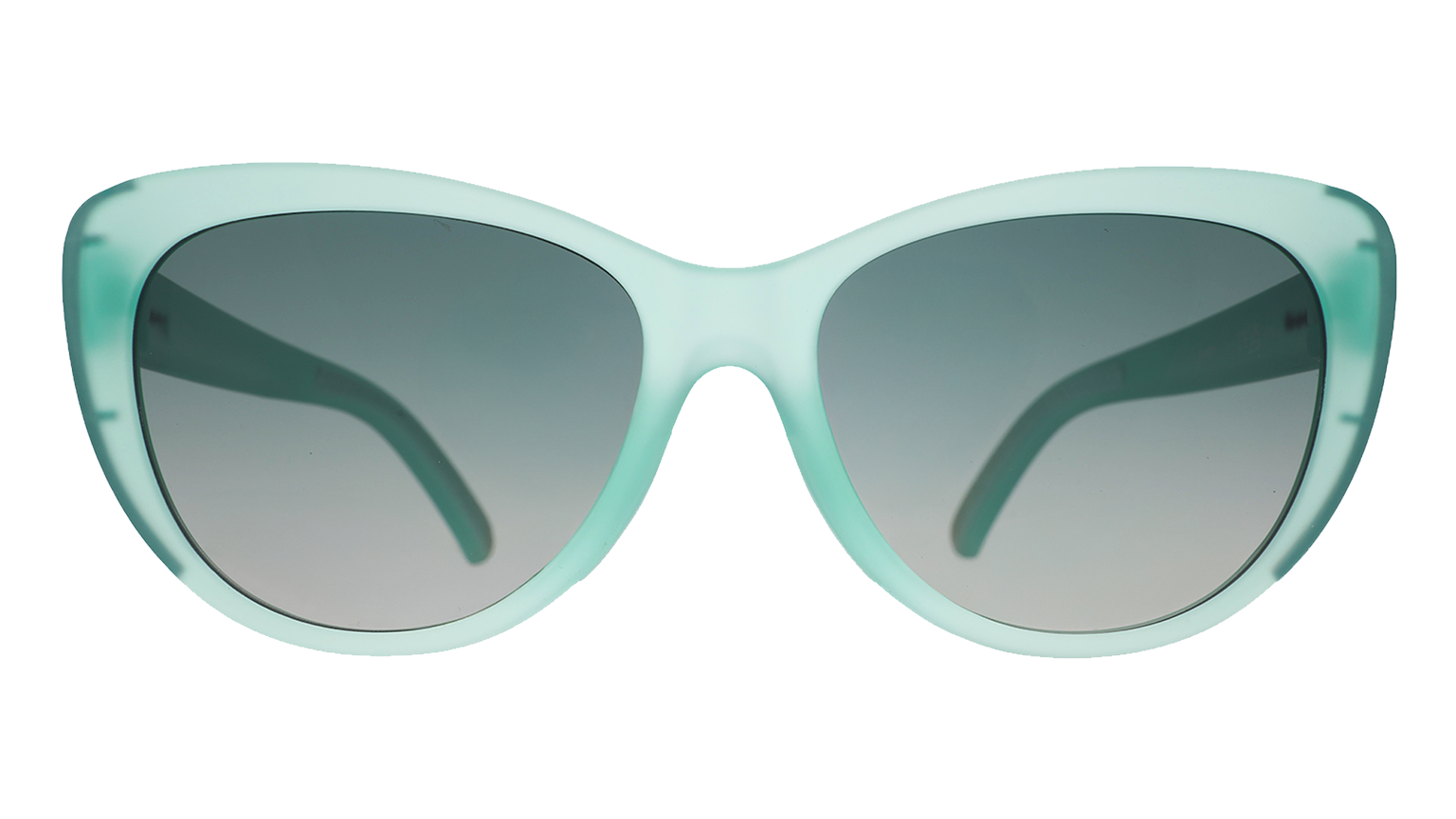 Front view of translucent pale green Glam G cat-eye sunglasses with  green gradient lenses.