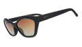 Three-quarter angle view of black geometric cat-eye sunglasses with amber gradient lenses against a white background.