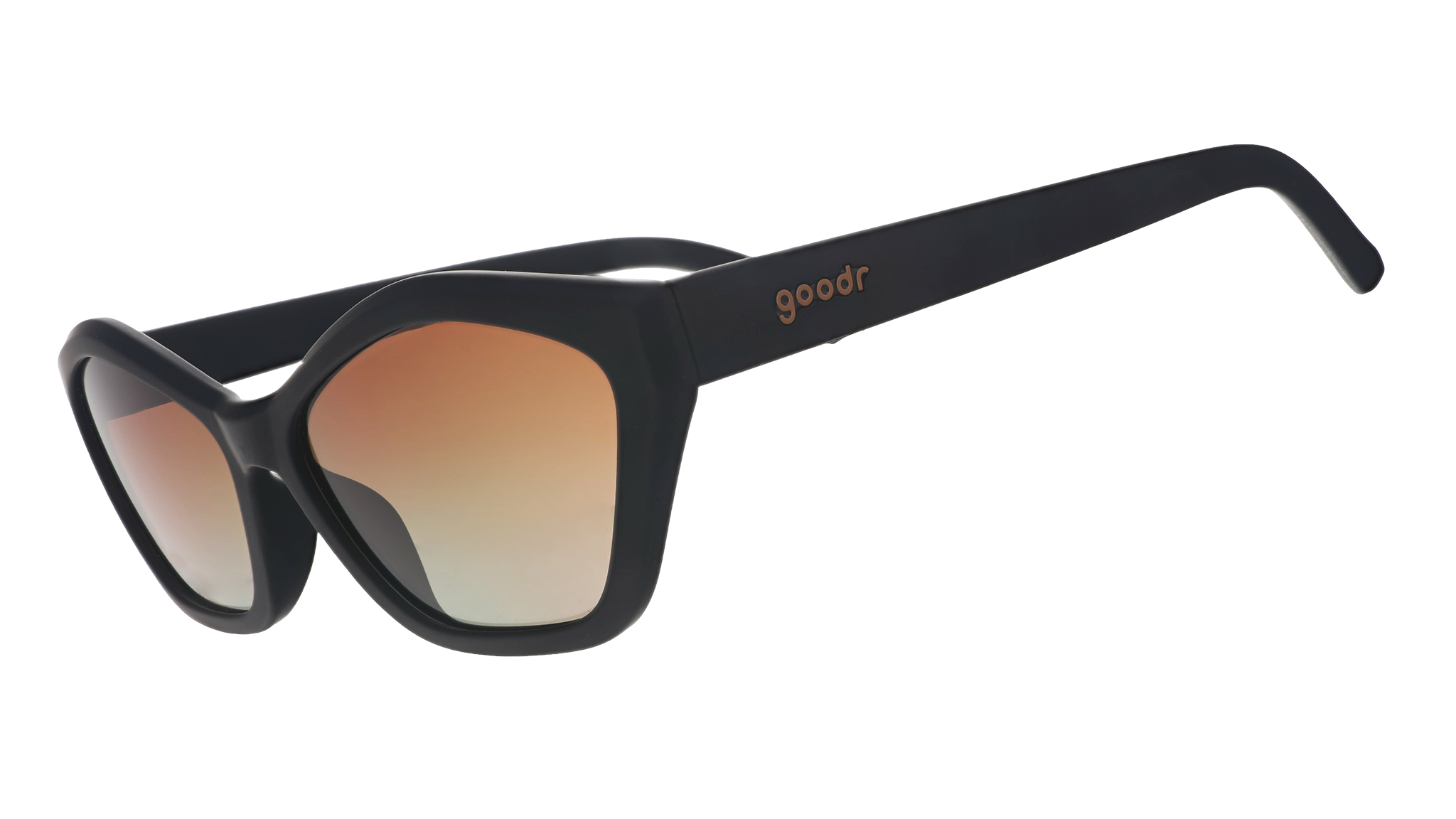 Three-quarter angle view of black geometric cat-eye sunglasses with amber gradient lenses against a white background.