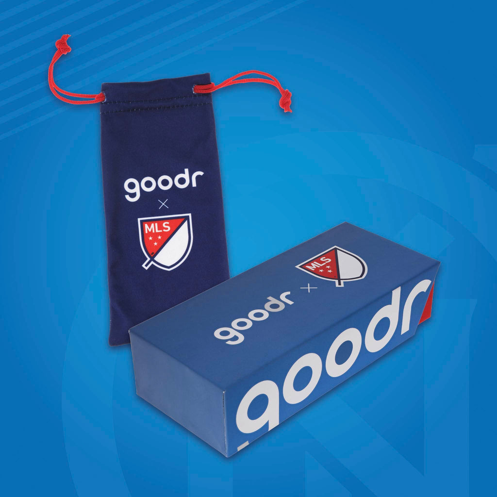 Major League Soccer-themed microfiber bag and box for MLS sunglasses on a navy background.