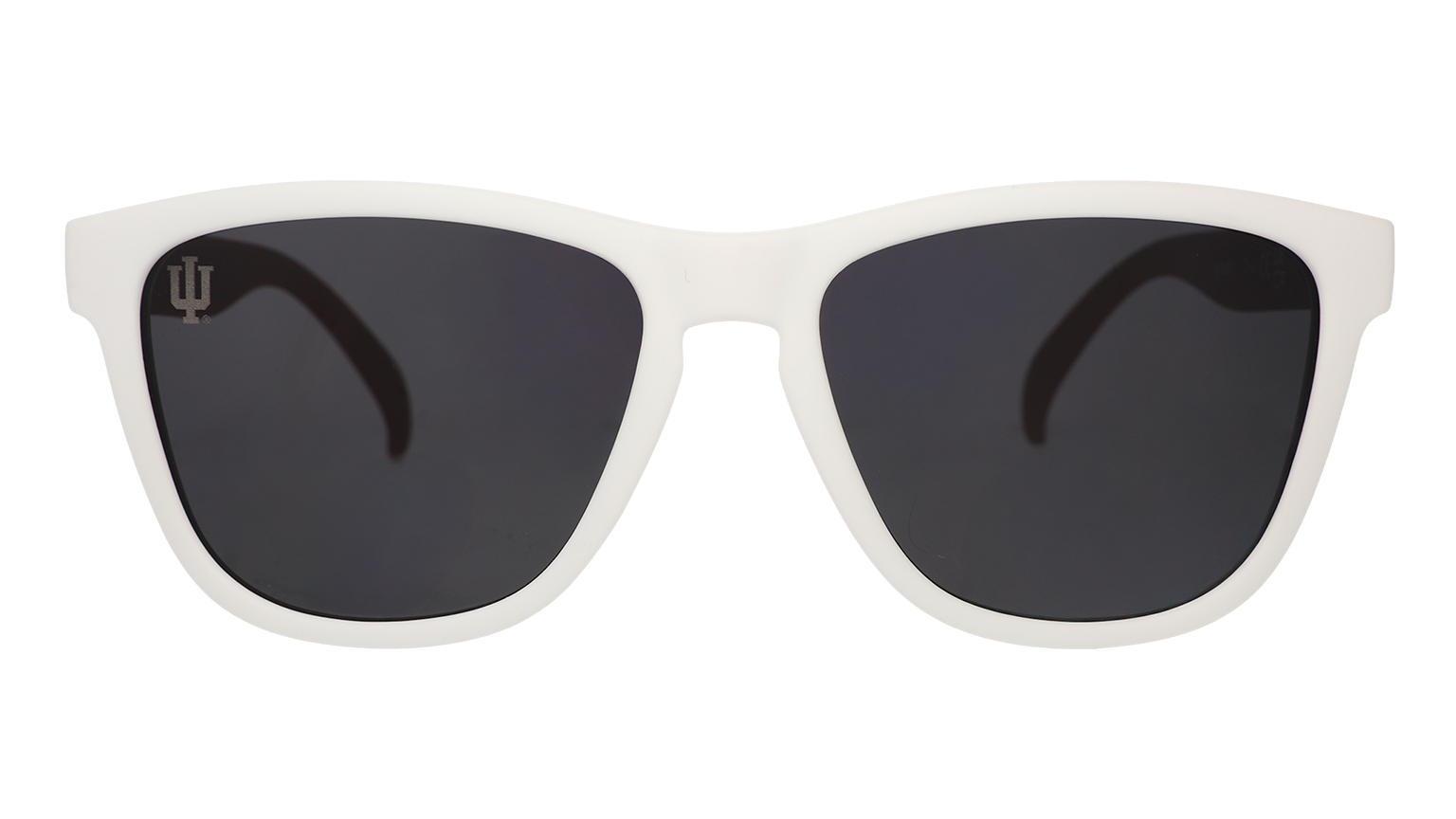 Front view of Indiana University® shades with a white frame and black lenses.