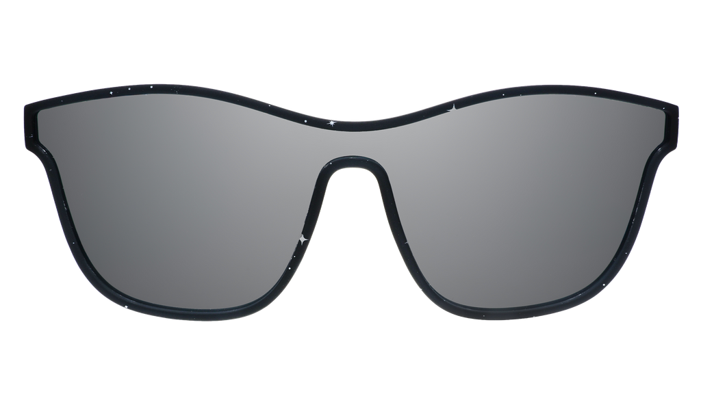 Front view of black VRG frames featuring a design sprinkled with stars and a single chrome reflective lens.