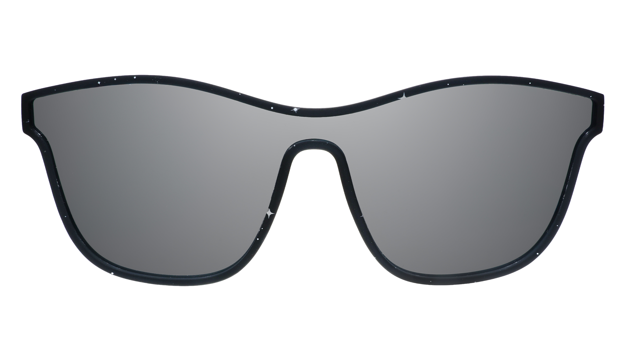 Front view of black VRG frames featuring a design sprinkled with stars and a single chrome reflective lens.