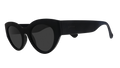Three-quarter angle view of translucent black, retro-inspired angled cat-eye sunglasses with non-reflective lenses.