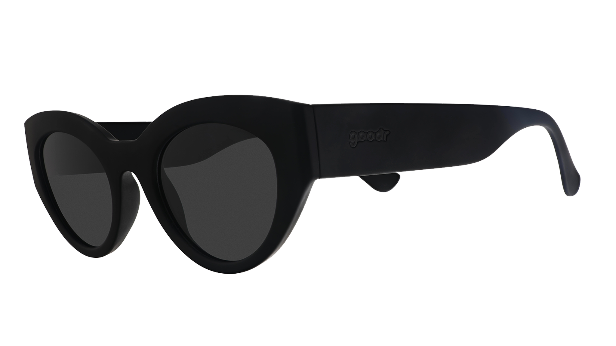 Three-quarter angle view of translucent black, retro-inspired angled cat-eye sunglasses with non-reflective lenses.