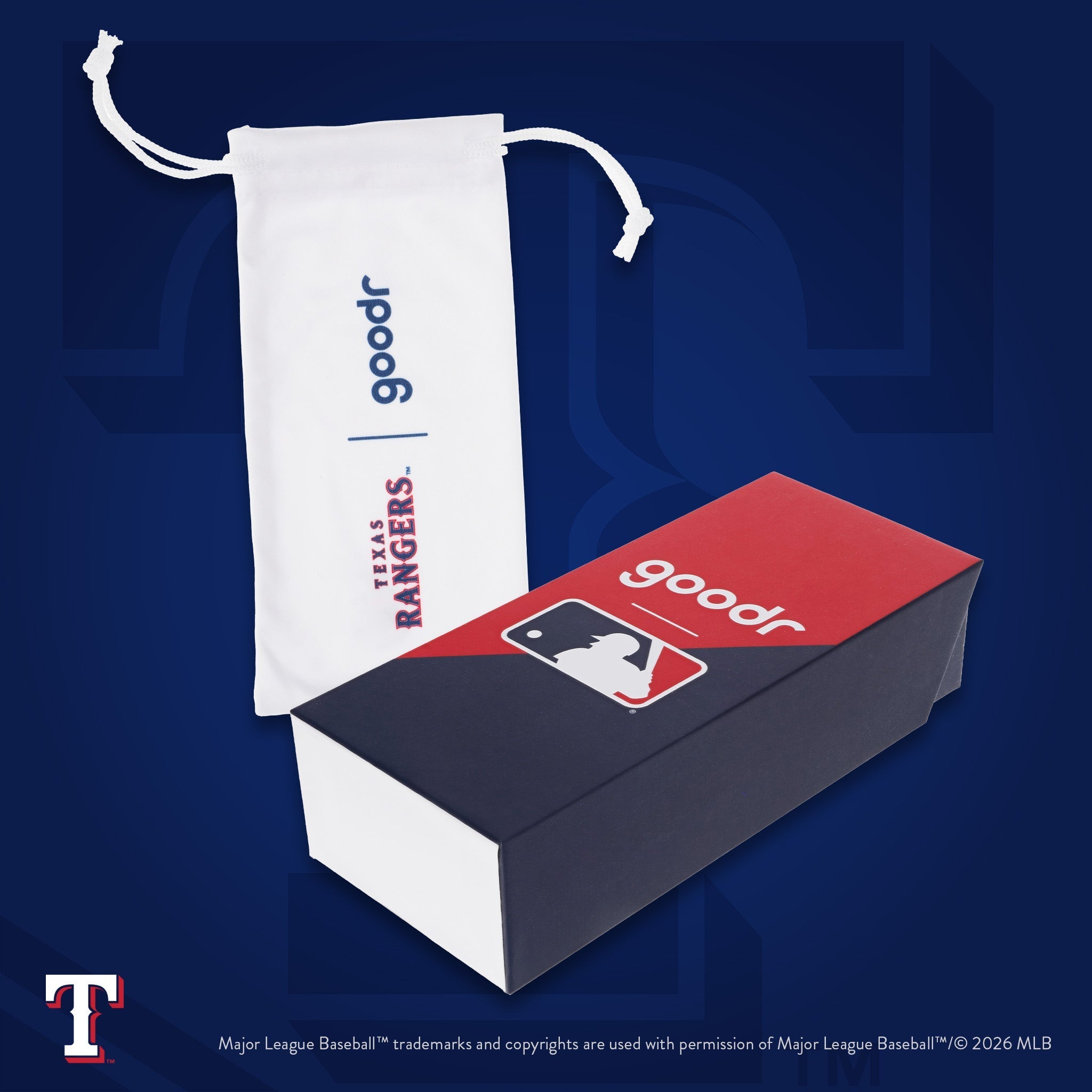 Photograph of custom packaging, featuring a Texas Rangers microfiber bag and MLB-themed product box.