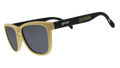 Three-quarter angle view of light brown and brown sunglasses with a Colorado print and black lenses.