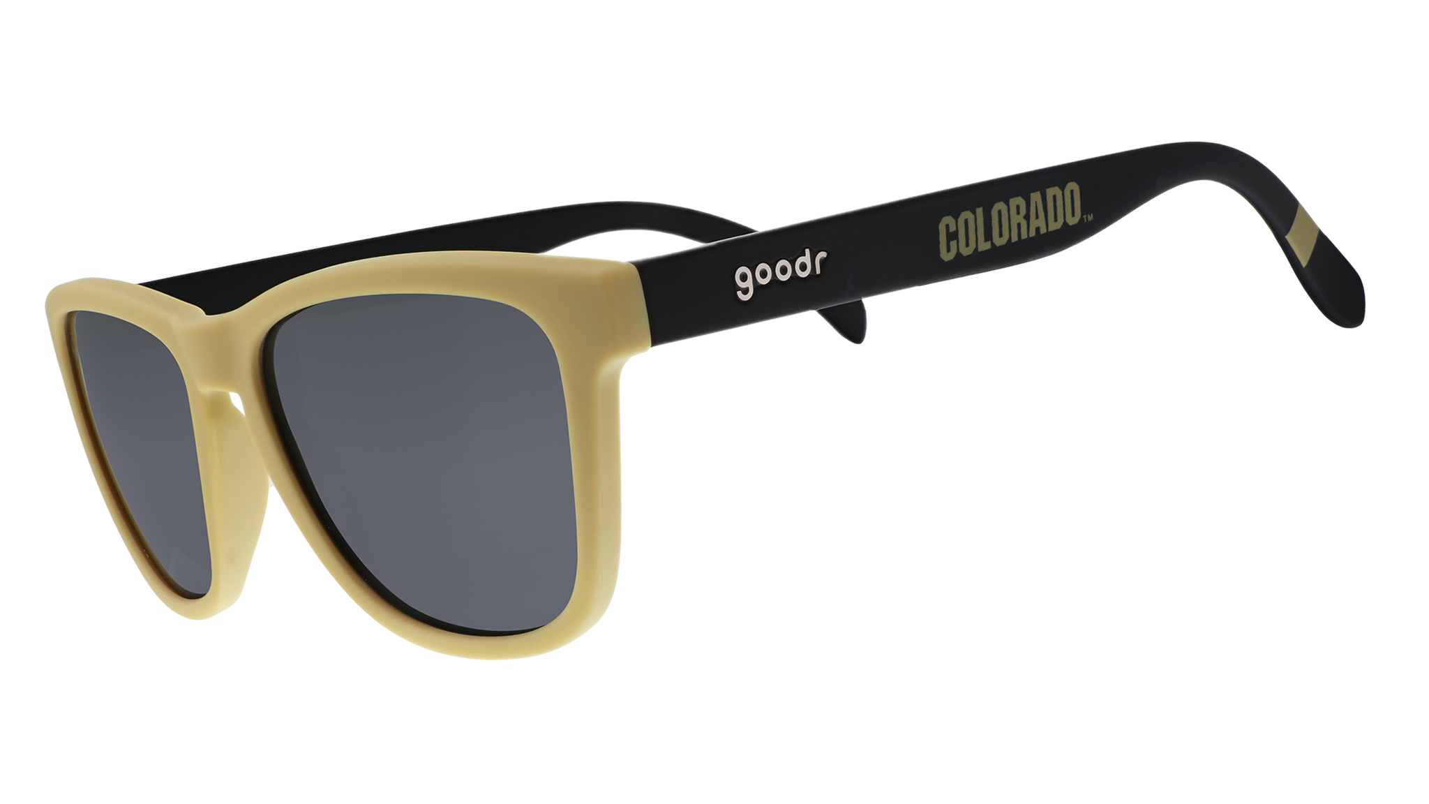 Three-quarter angle view of light brown and brown sunglasses with a Colorado print and black lenses.