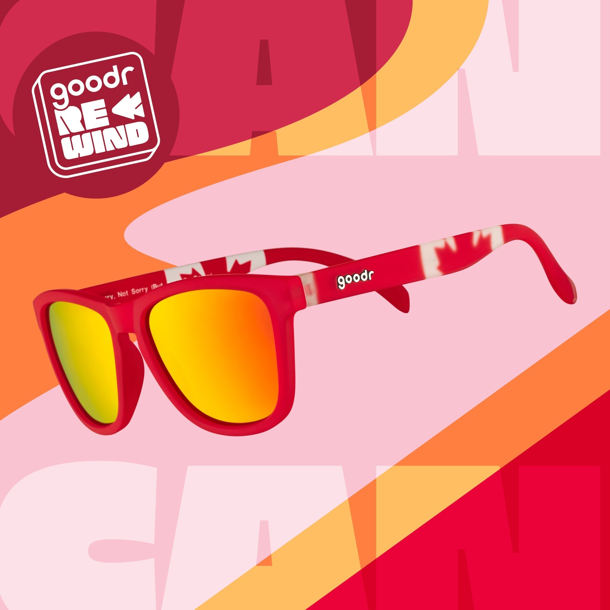 Close-up view of sunglasses temples stylized with a Canadian flag pattern.