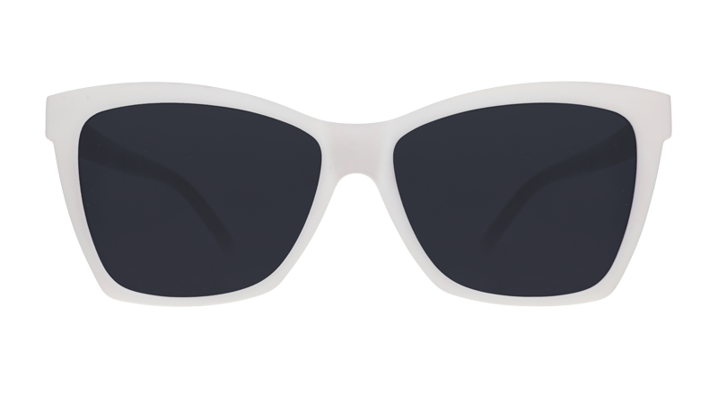Front view of solid white sunglasses with an angled cat-eye frame and non-reflective black lenses.