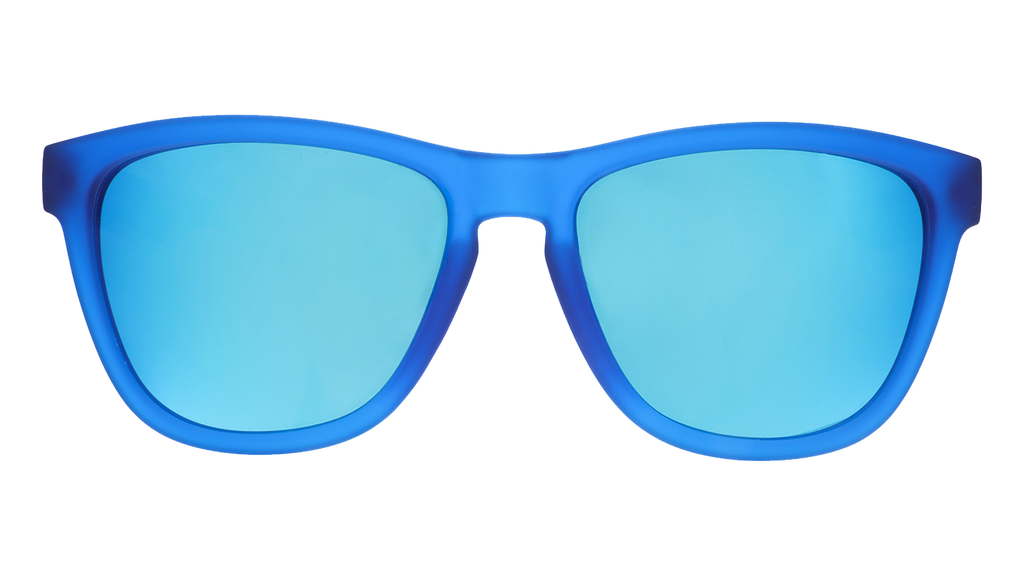 Front view of square-framed bright blue sunglasses with blue reflective lenses on a white background.