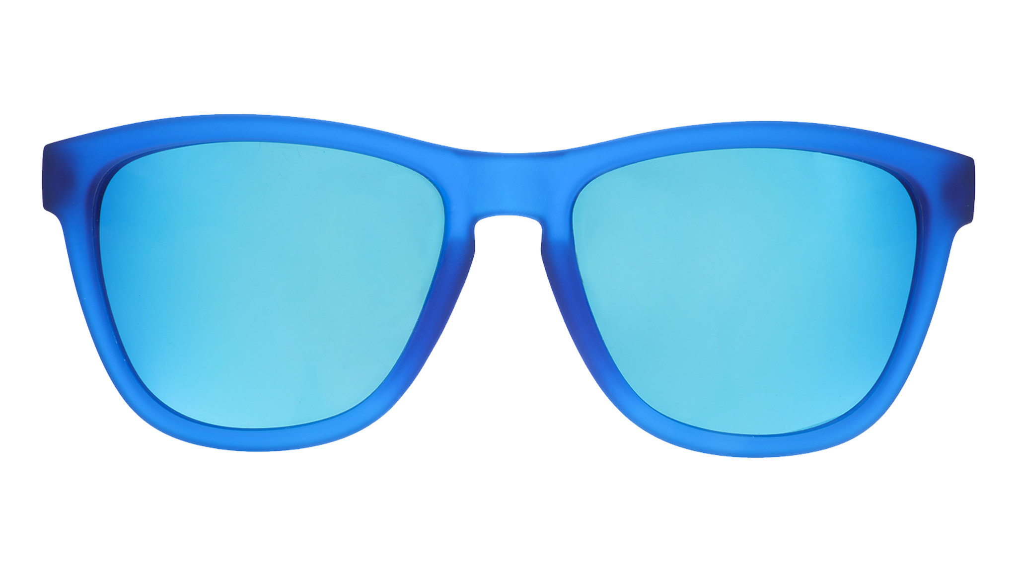 Front view of square-framed bright blue sunglasses with blue reflective lenses on a white background.
