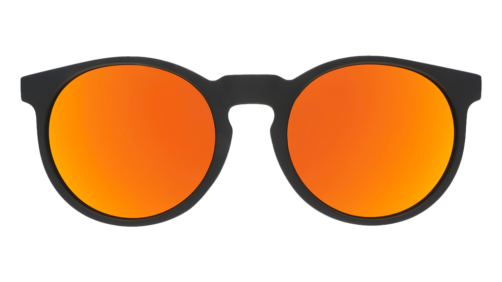 Front view of orange and black round sunglasses with reflective orange lenses.