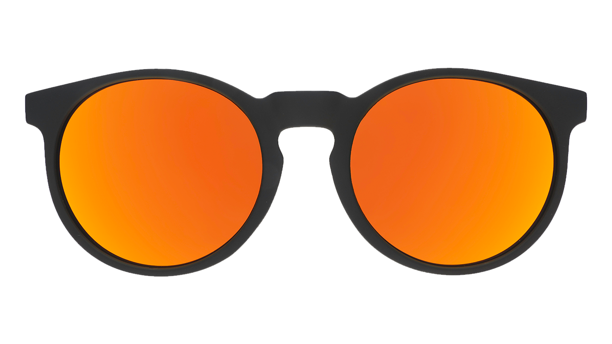 Front view of orange and black round sunglasses with reflective orange lenses.