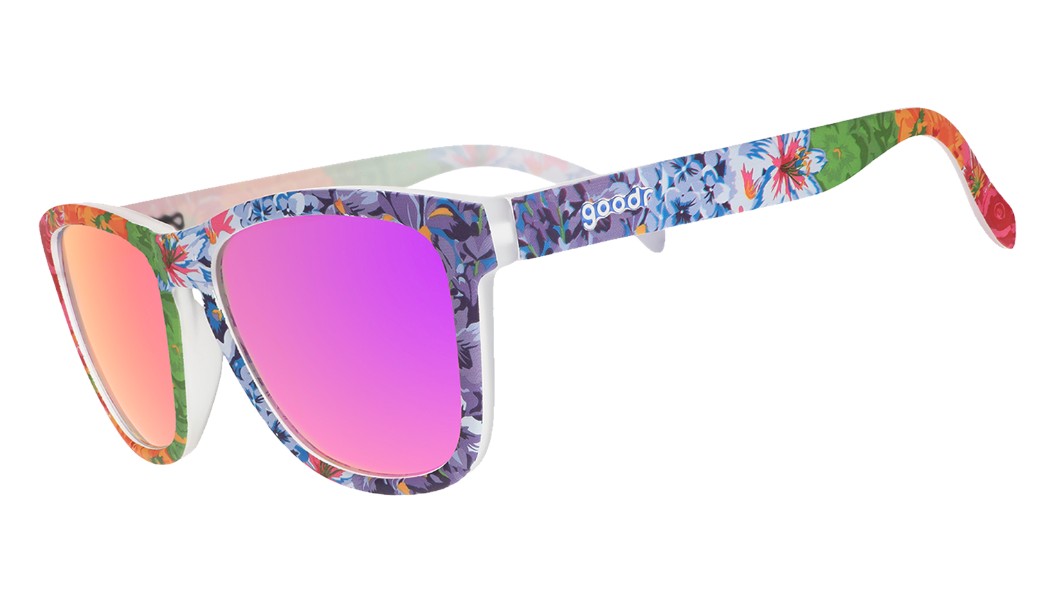 Three-quarter angle view of colorful floral print goodr sunglasses with purple reflective lenses.