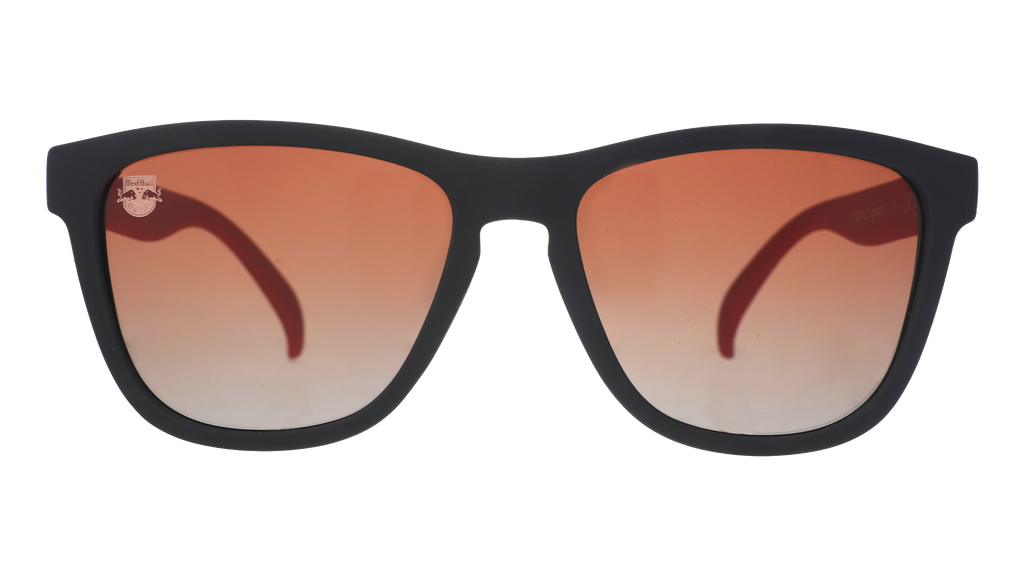 Front view of Major League Soccer New York Red Bulls shades. Black front frame. Orange+gold gradient lenses.