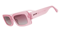 Three-quarter angle view of translucent rectangular pink Luxe G sunglasses with purple gradient lenses.