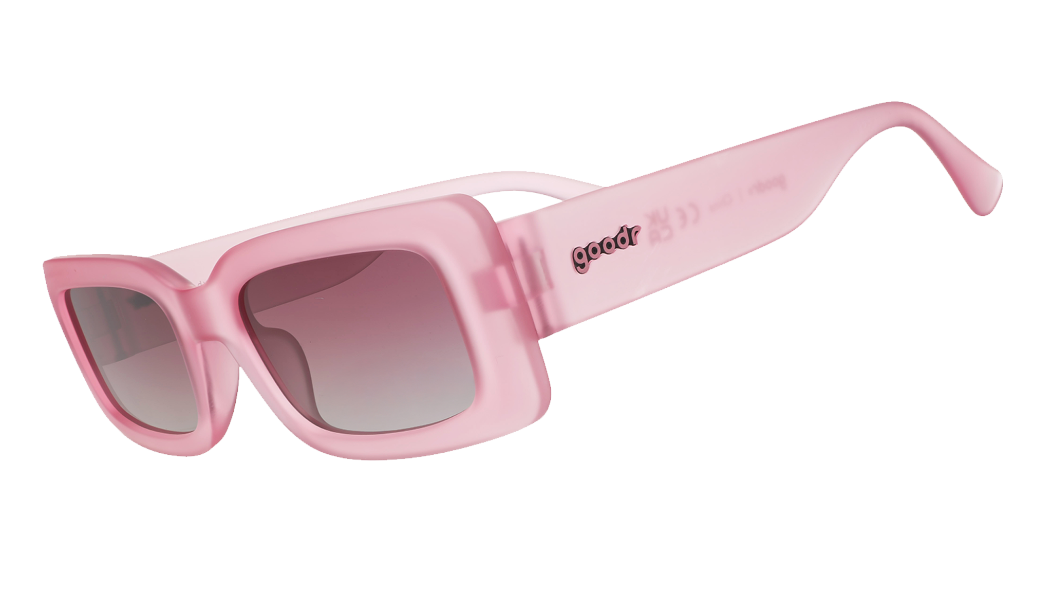 Three-quarter angle view of translucent rectangular pink Luxe G sunglasses with purple gradient lenses.