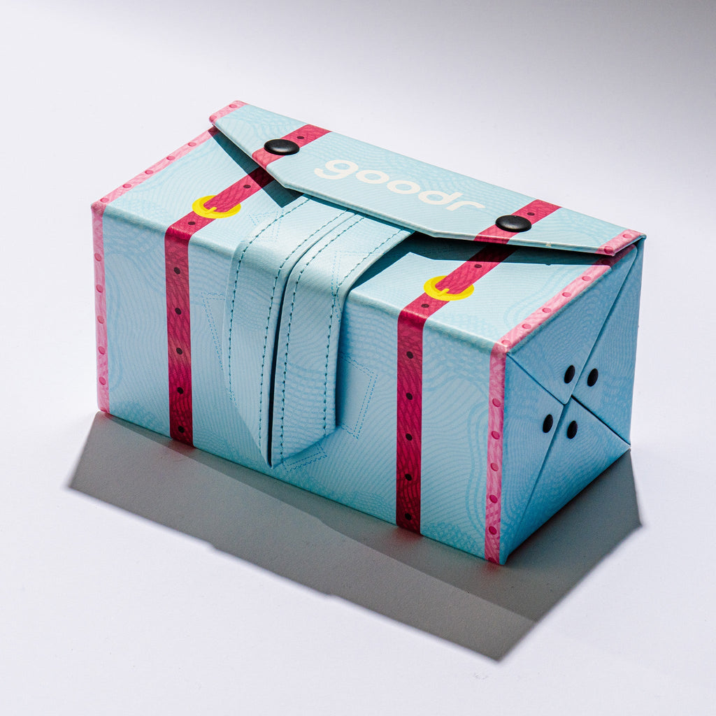 Retail packaging for the goodr World Traveler Series sunglasses storage case.