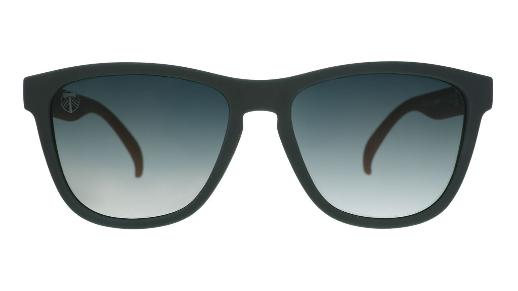 Front view of the Portland Timbers Major League Soccer sunglasses with dark green front frame and green lenses