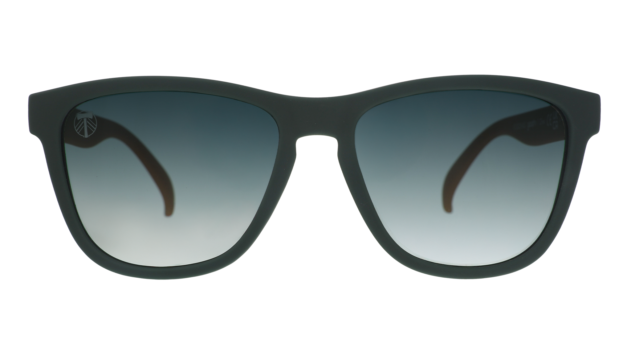 Front view of the Portland Timbers Major League Soccer sunglasses with dark green front frame and green lenses