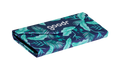 Three-quarter angle view of the Enter the Fold navy and teal tropical-print sunglasses case, showcasing its collapsible design.