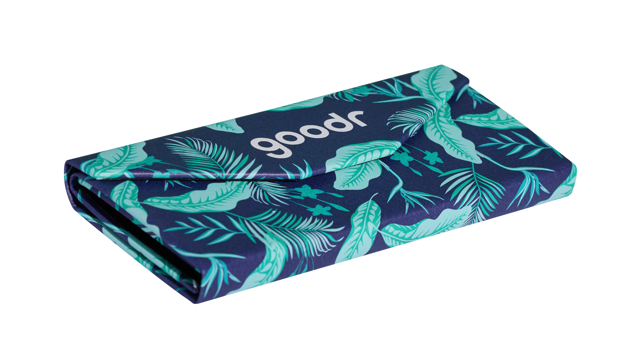 Three-quarter angle view of the Enter the Fold navy and teal tropical-print sunglasses case, showcasing its collapsible design.
