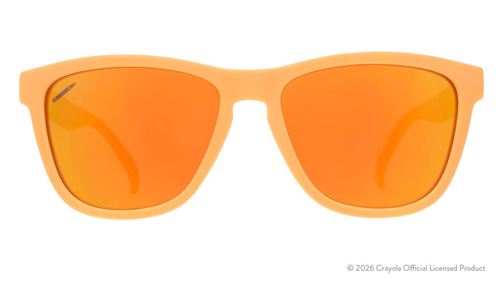 Front view of tan sunglasses. Tan front frame w/ amber reflective lenses+small crayon etching in top corner of lens.