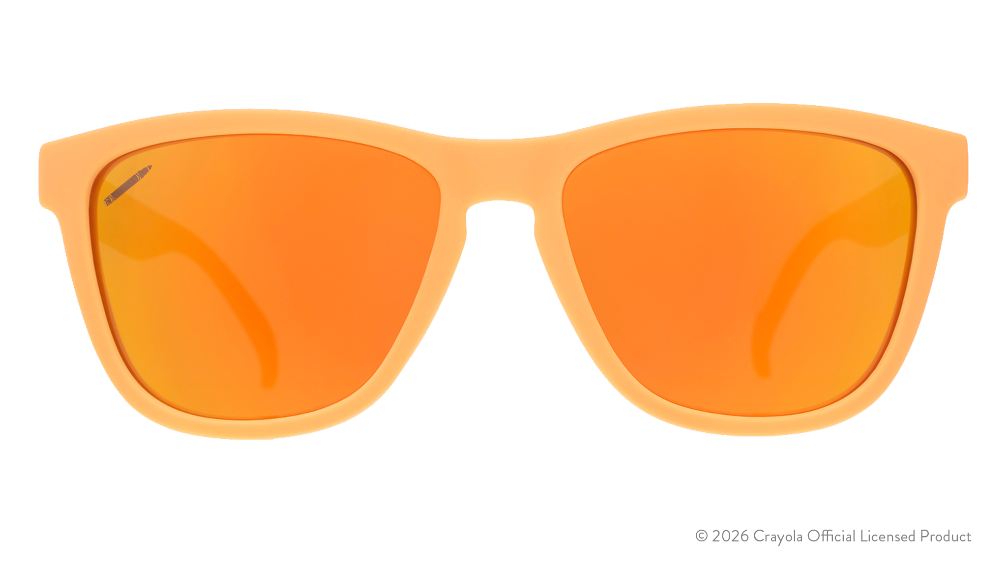 Front view of tan sunglasses. Tan front frame w/ amber reflective lenses+small crayon etching in top corner of lens.