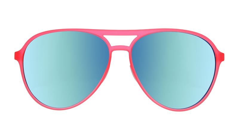 Front view of pink aviator sunglasses with mirrored reflective teal lenses.