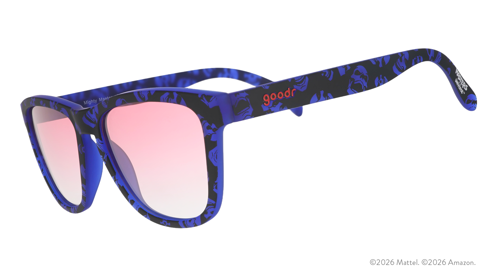 Three-quarter angle view of blue and black sunglasses featuring a Skeletor pattern and rose gradient lenses.