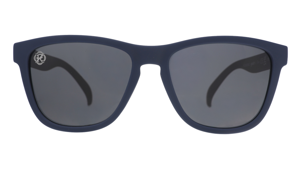 Front view of Major League Soccer New England Revolution shades. Black front frame. Black non-reflective lenses.