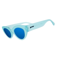 Three-quarter angle view of translucent light blue Moon G sunglasses with blue reflective lenses.