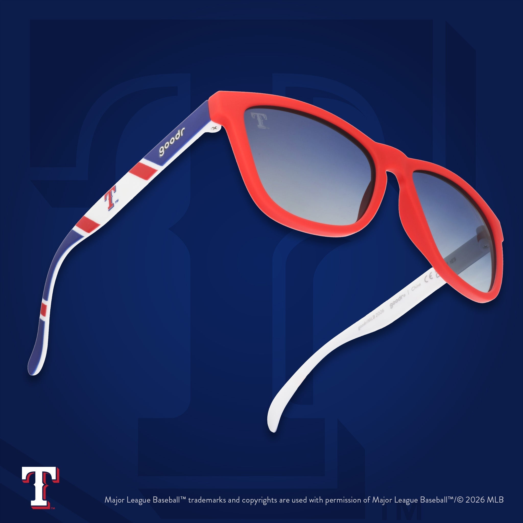 Three-quarter angle view of a pair of red, white, and blue Rangers sunglasses featuring the Texas T logo on the arm.