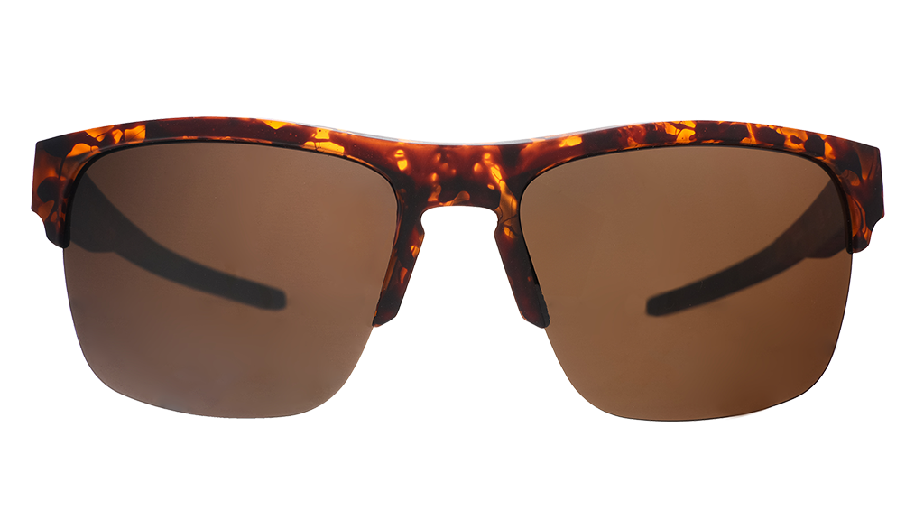 Front view of half-rim brown tortoiseshell sunglasses with brown non-reflective lenses.