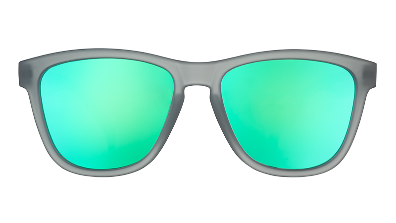 Front view of square-shaped gray sunglasses with green mirrored lenses.