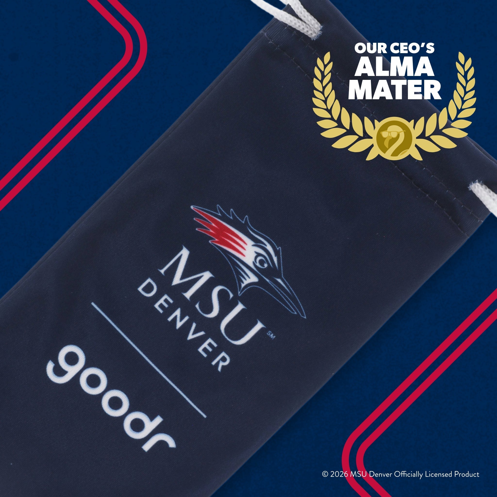 Front view of custom MSU Denver-themed packaging for the sunglasses with a patterned microfiber bag.