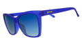 Three-quarter angle view of blue angled cat-eye sunglasses with blue gradient lenses.