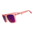 Angled view of translucent light pink shades with pink reflective lenses and a classic square silhouette tilted down.