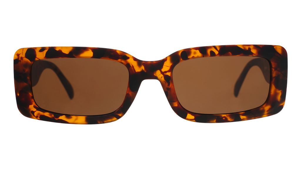 Front view of tortoiseshell rectangular sunglasses with brown polarized lenses against a white background.