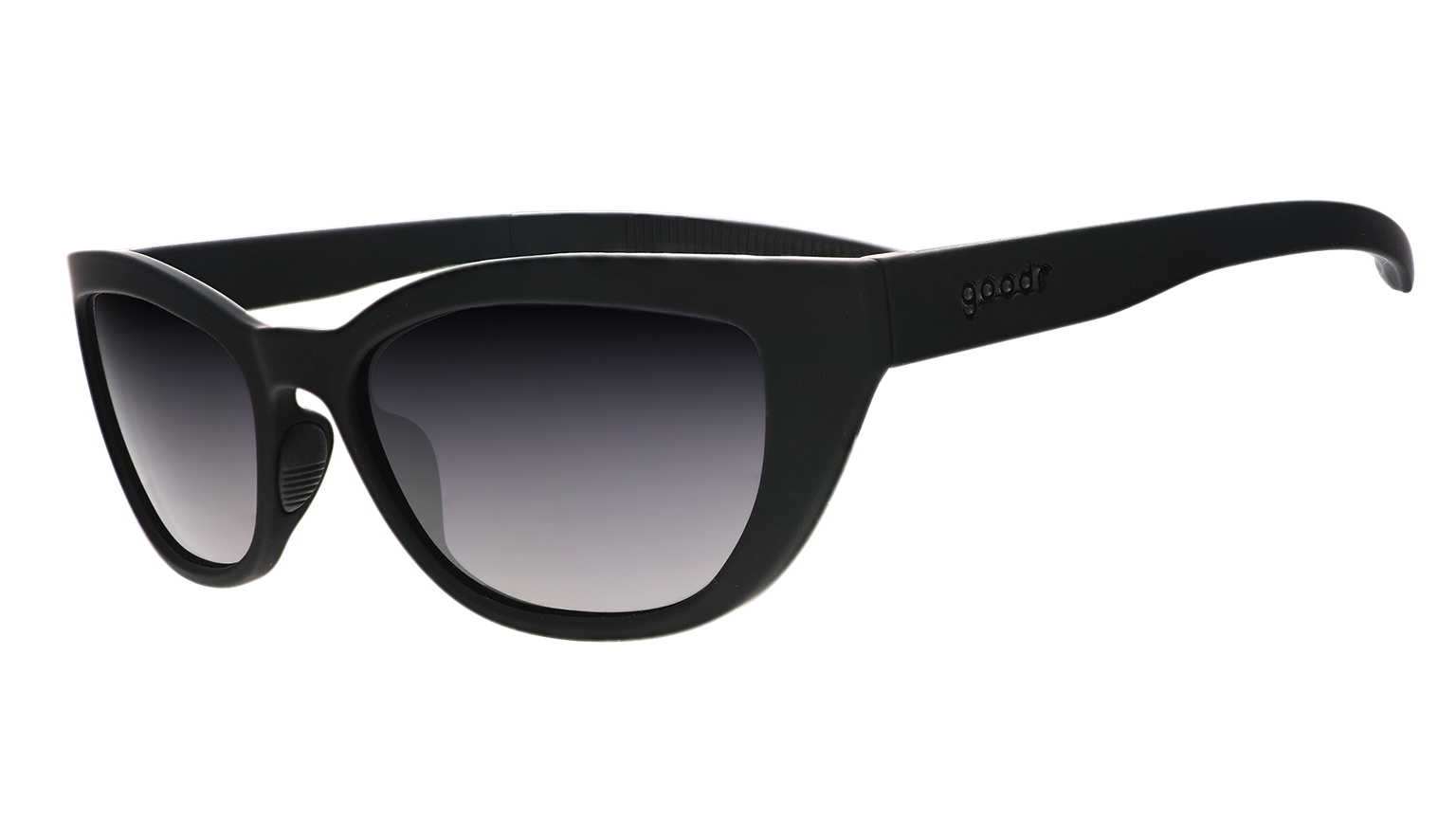 Three-quarter angle view of a pair of black cat-eye Cheetah G shades with black gradient lenses.