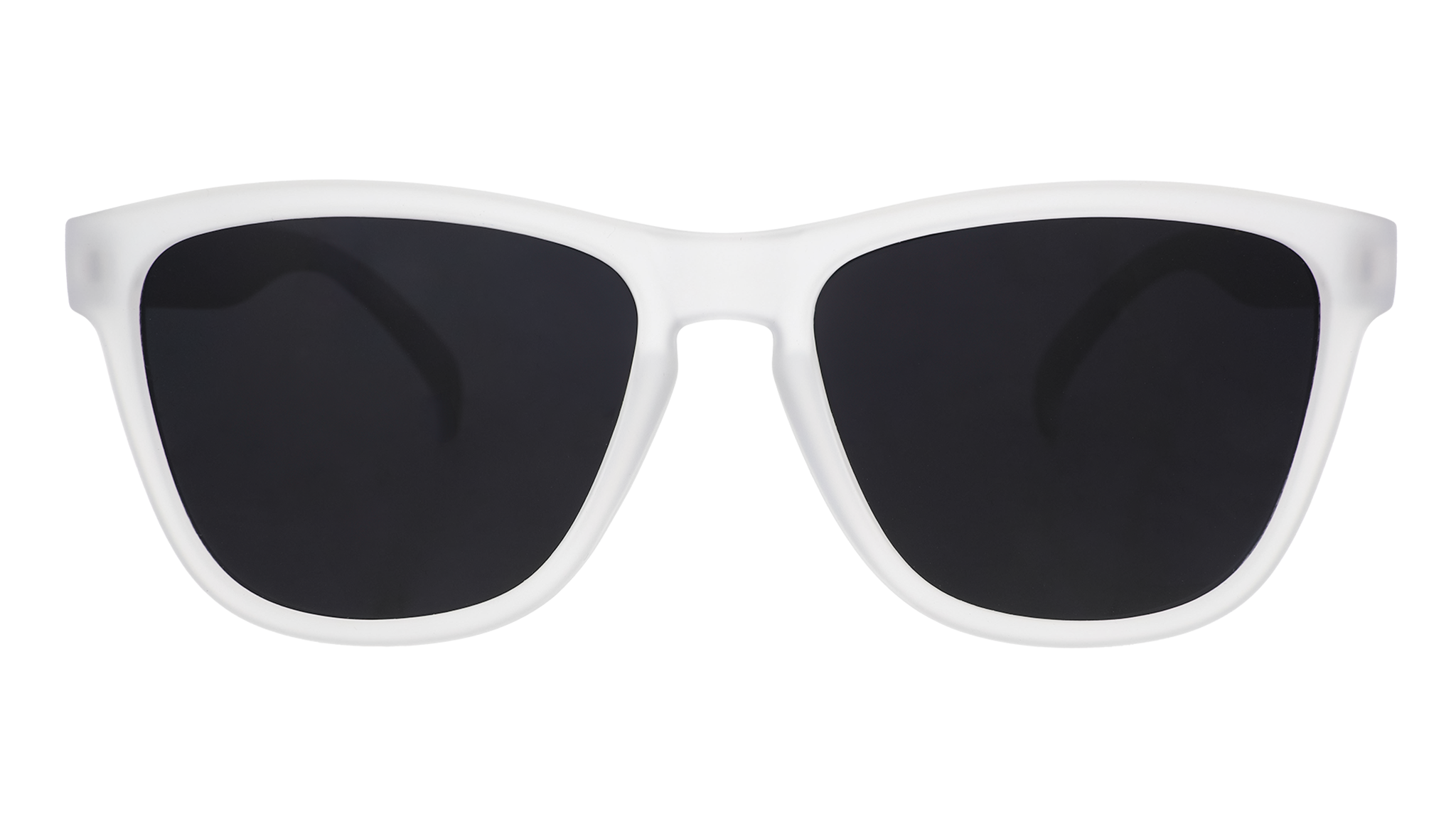 Front-facing view of a pair of clear sunglasses in a classic frame shape with black, non-reflective lenses.