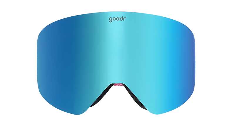 Front view of bright pink and blue snow goggles with a vibrant blue reflective lens.