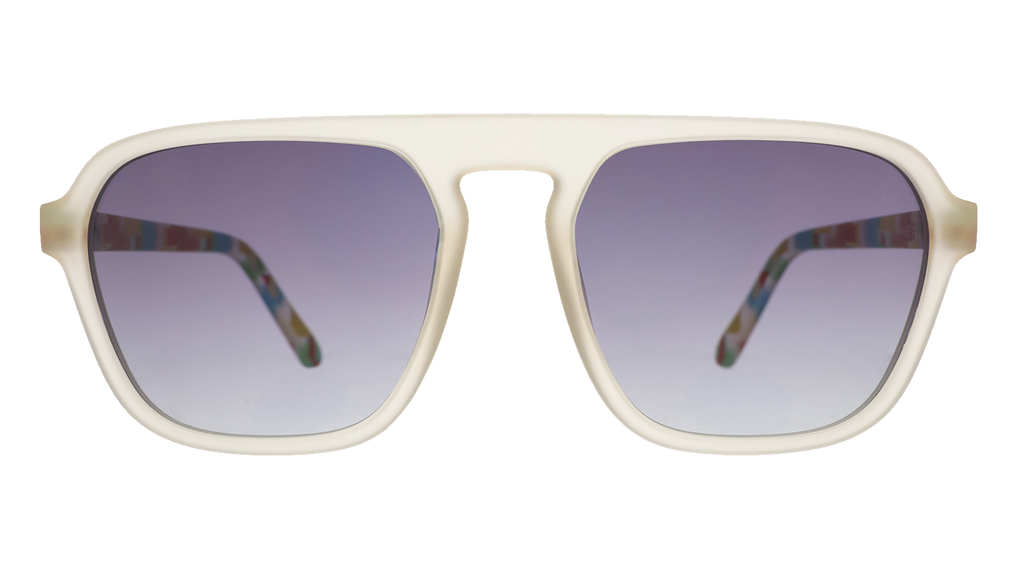 Front view of light gray sunglasses with oversized square frames and purple gradient lenses.