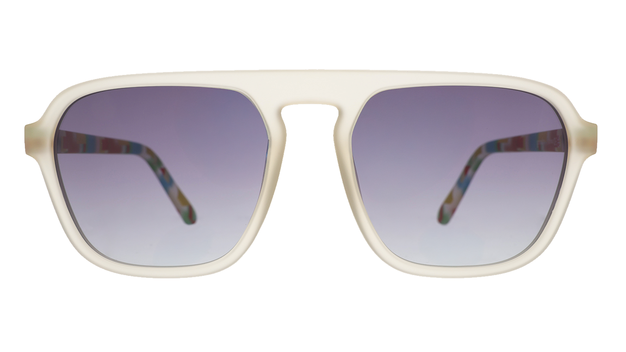 Front view of light gray sunglasses with oversized square frames and purple gradient lenses.